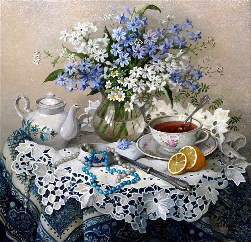 Tea Set with Flowers — Blue, Serene, Painting