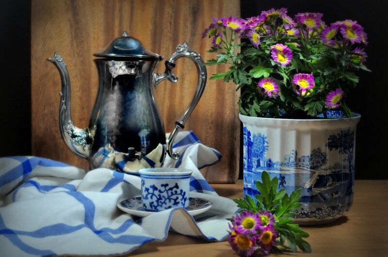 Tea Set with Flowers — Blue, Serene, Photograph