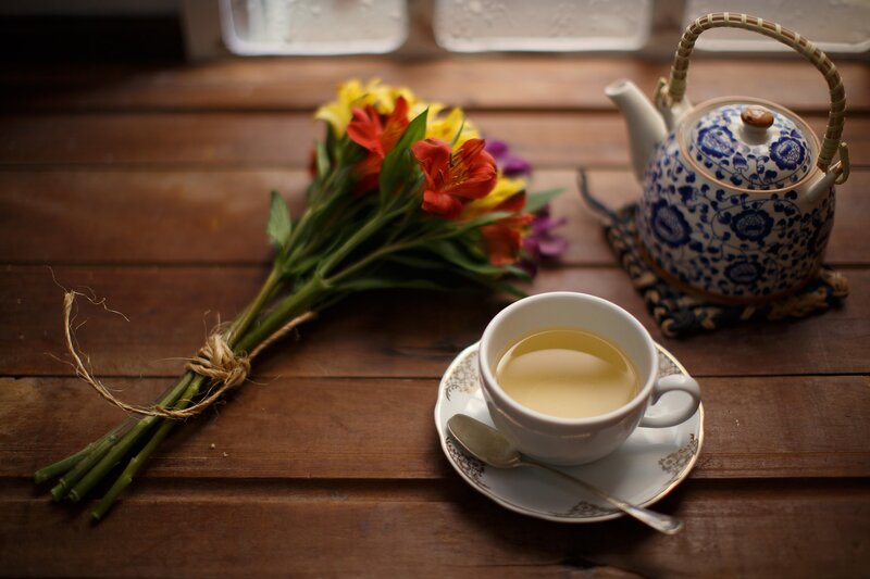 Tea Set with Flowers — Brown, Serene, Morning