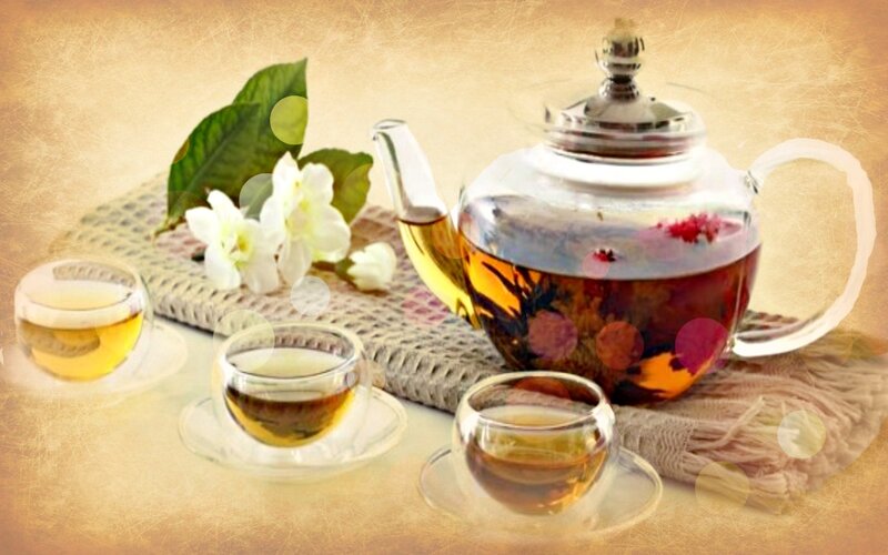 Tea Set with Flowers — Brown, Serene, Photograph