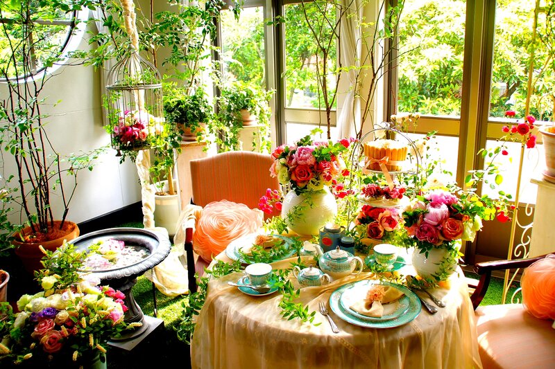 Tea Set with Flowers — Green, Serene, Afternoon, Photograph, Plants