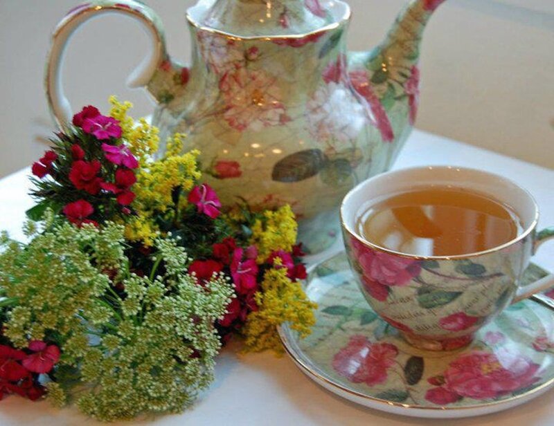 Tea Set with Flowers — Green, Serene, Afternoon, Photograph, Teapot