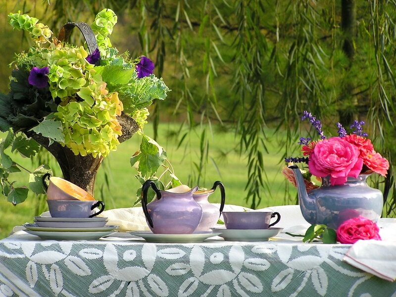 Tea Set with Flowers — Green, Serene, Afternoon