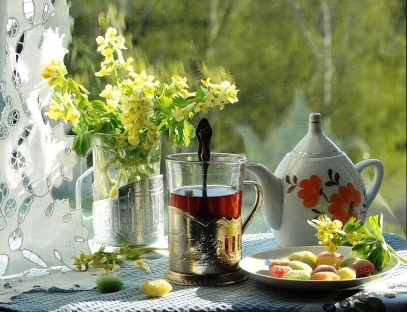 Tea Set with Flowers — Green, Serene, Morning