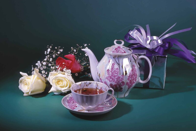 Tea Set with Flowers — Green, Serene, Photograph, Roses