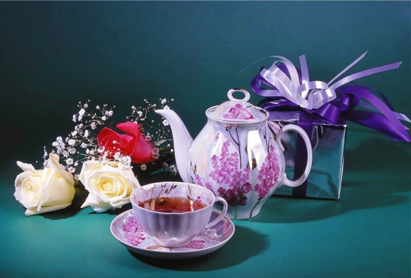 Tea Set with Flowers — Green, Serene, Photograph