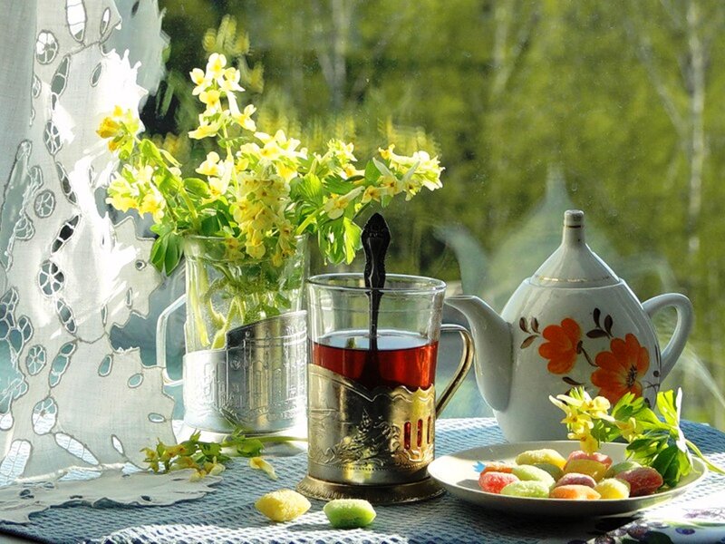 Tea Set with Flowers — Green, Serene, Spring