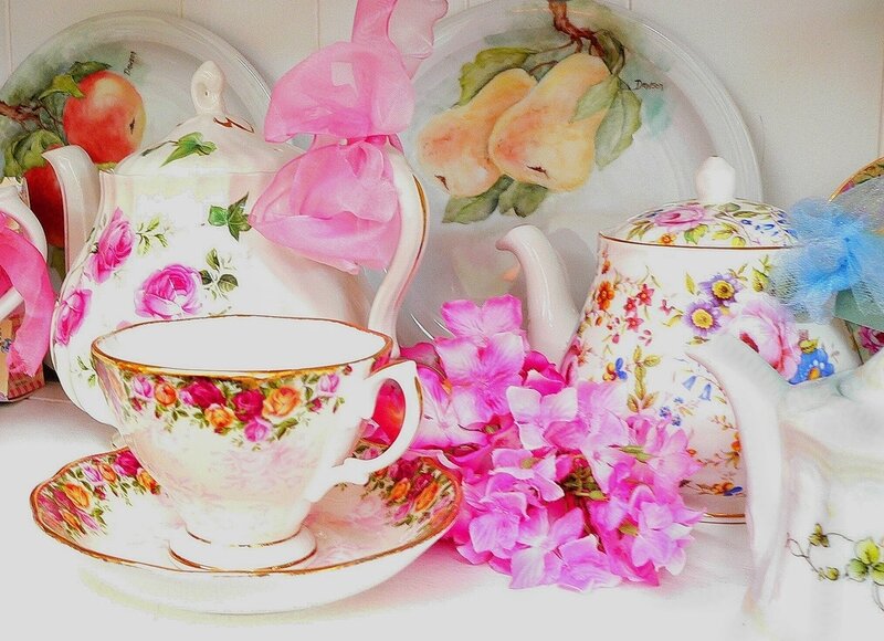 Tea Set with Flowers — Pink, Calm, Photograph