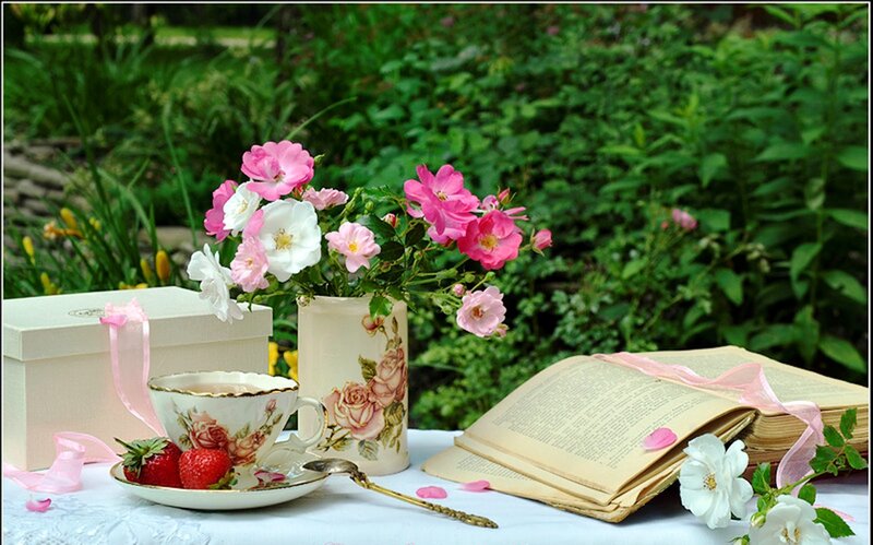 Tea Set with Flowers — Pink, Serene, Afternoon, Photograph, Book