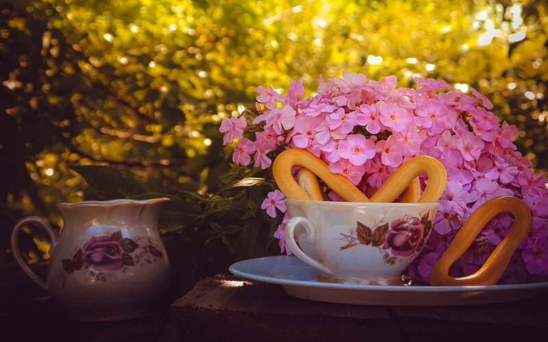 Tea Set with Flowers — Pink, Serene, Afternoon, Photograph, Bread