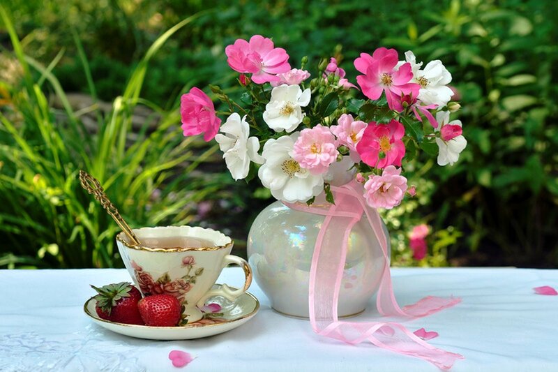 Tea Set with Flowers — Pink, Serene, Afternoon, Photograph, Strawberries