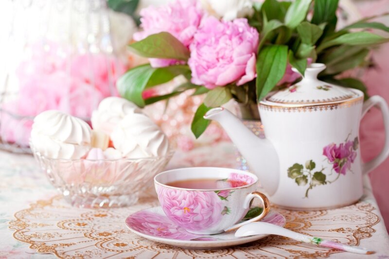 Tea Set with Flowers — Pink, Serene, Afternoon, Photograph, Teapot, Cup