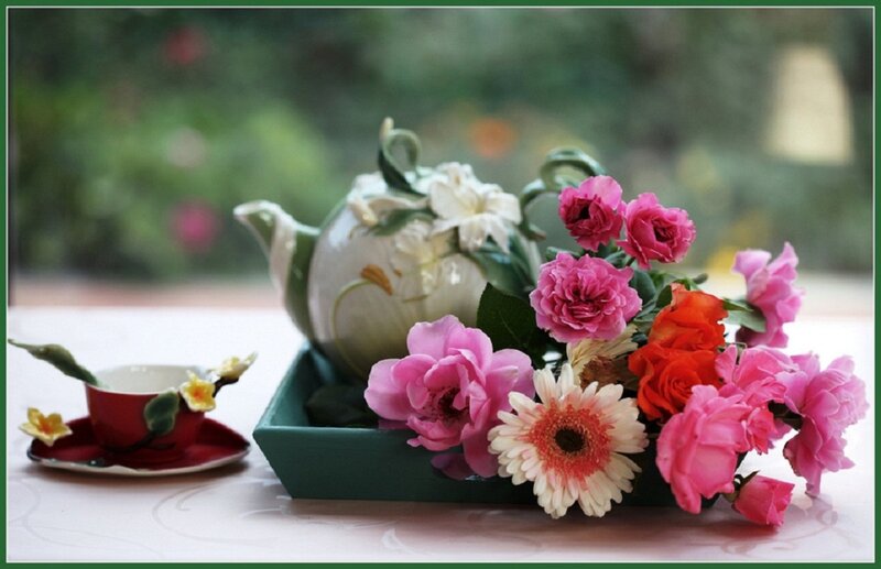 Tea Set with Flowers — Pink, Serene, Afternoon, Photograph, Teapot