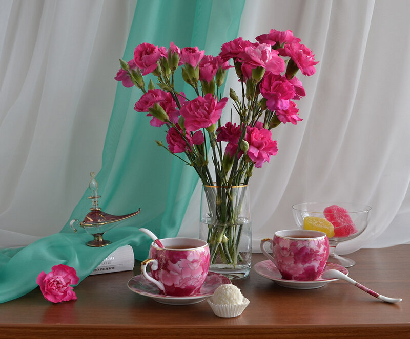 Tea Set with Flowers — Pink, Serene, Afternoon