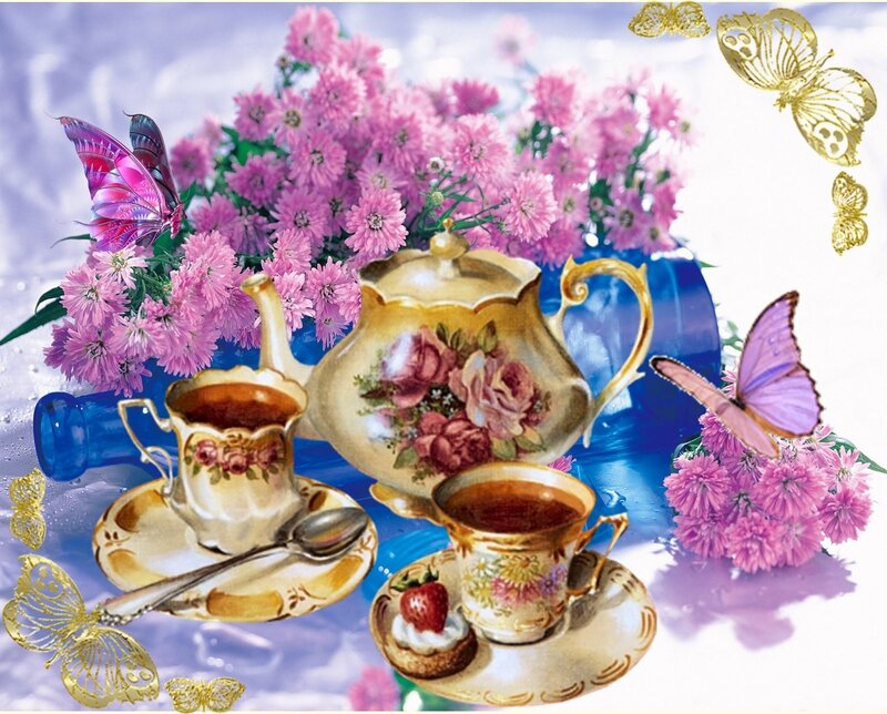 Tea Set with Flowers — Pink, Serene, Morning