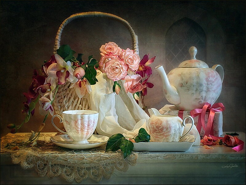 Tea Set with Flowers — Pink, Serene, Painting, Basket