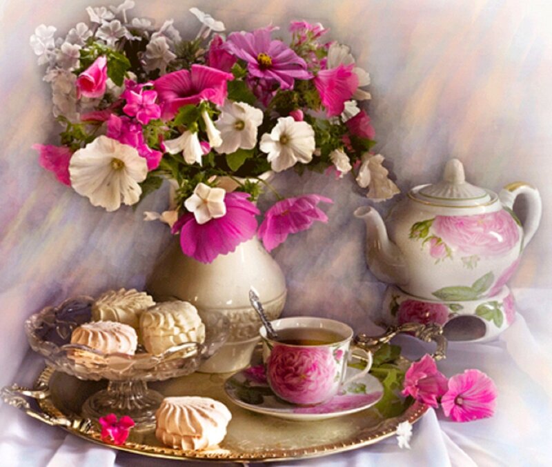 Tea Set with Flowers — Pink, Serene, Painting