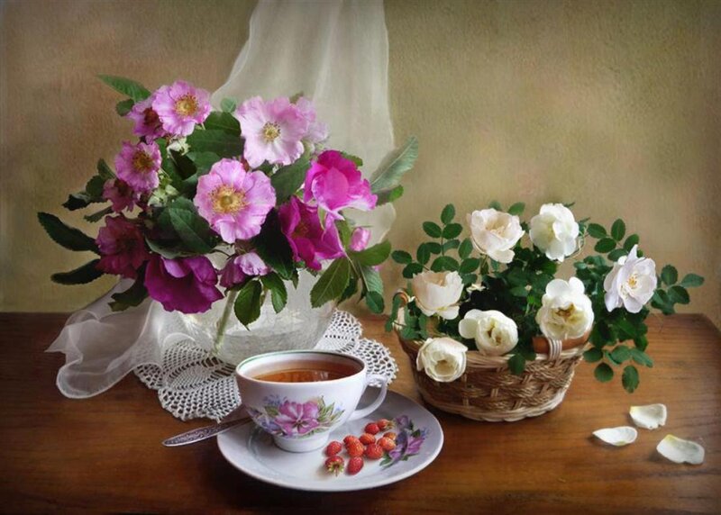 Tea Set with Flowers — Pink, Serene, Photograph, Basket