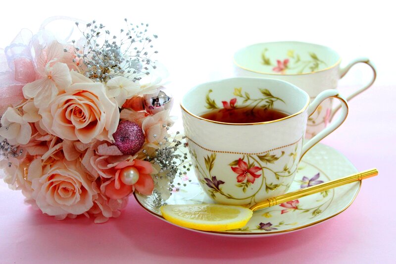 Tea Set with Flowers — Pink, Serene, Photograph, Lemon Slice, Spoon