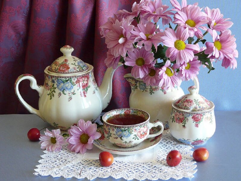 Tea Set with Flowers — Pink, Serene, Photograph, Sugar Bowl
