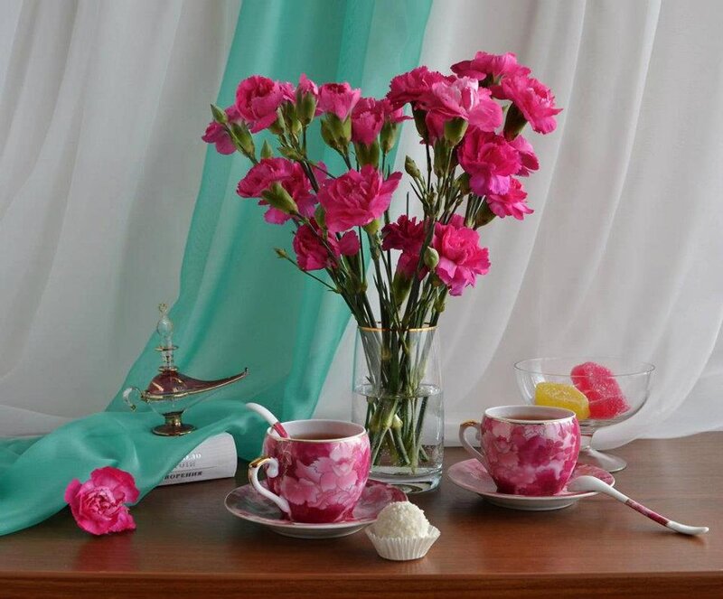 Tea Set with Flowers — Pink, Serene, Photograph, Teacups