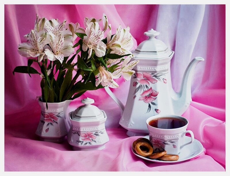 Tea Set with Flowers — Pink, Serene, Photograph, Teapot, Cup, Cookies
