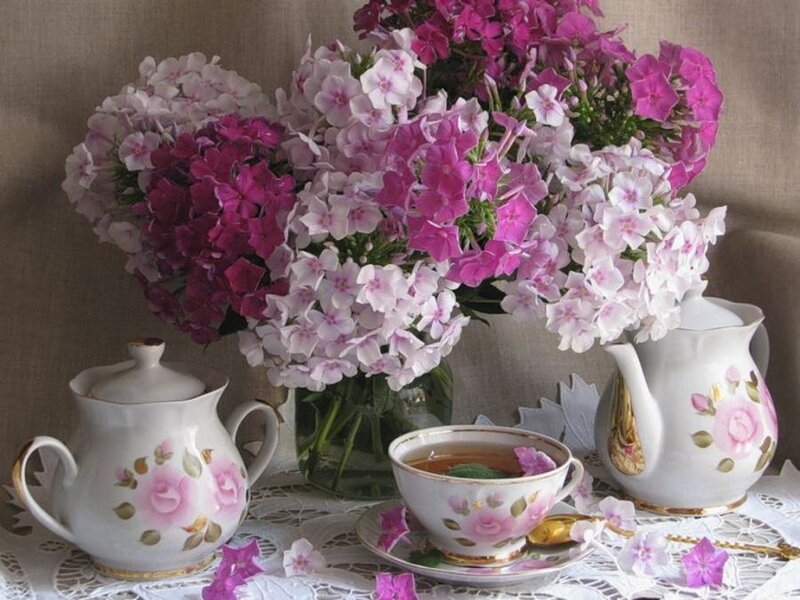 Tea Set with Flowers — Pink, Serene, Photograph, Teapot, Cup, Doily