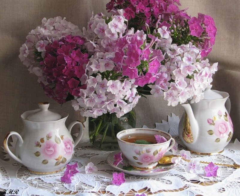 Tea Set with Flowers — Pink, Serene, Photograph, Teapot, Cup, Lace Tablecloth