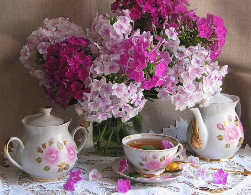 Tea Set with Flowers — Pink, Serene, Photograph, Teapot, Cup, Vase