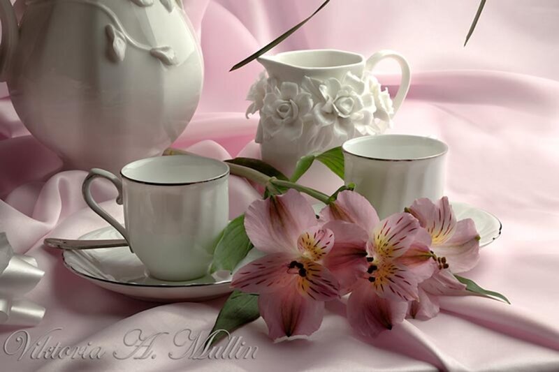 Tea Set with Flowers — Pink, Serene, Photograph, Teapot, Cups, Silk