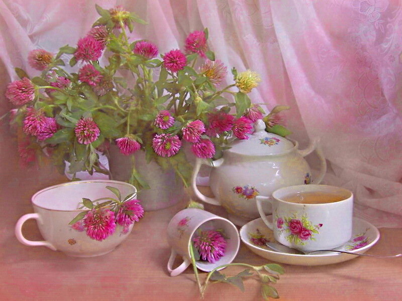 Tea Set with Flowers — Pink, Serene, Photograph, Teapot