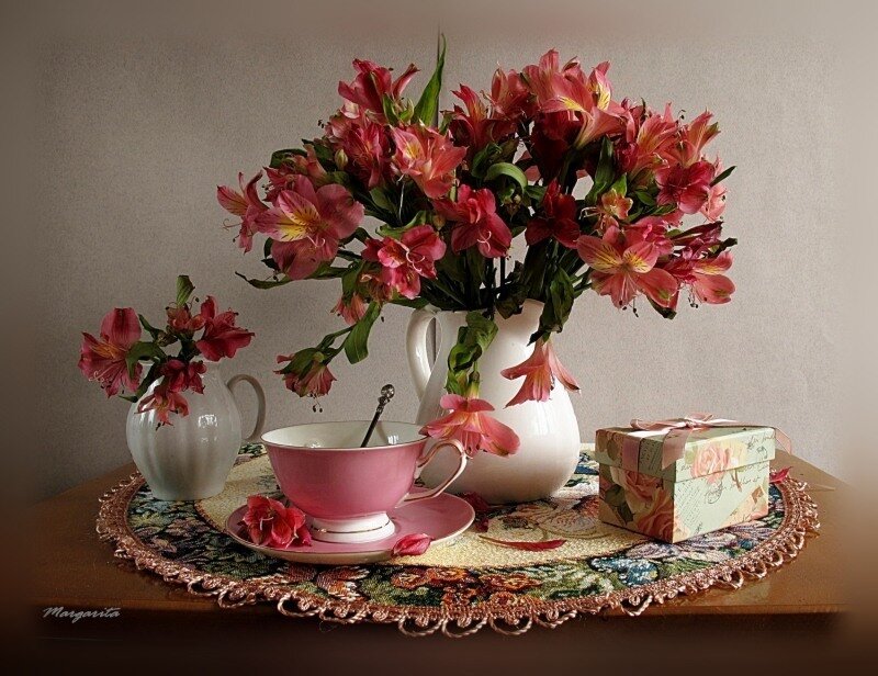 Tea Set with Flowers — Pink, Serene, Photograph