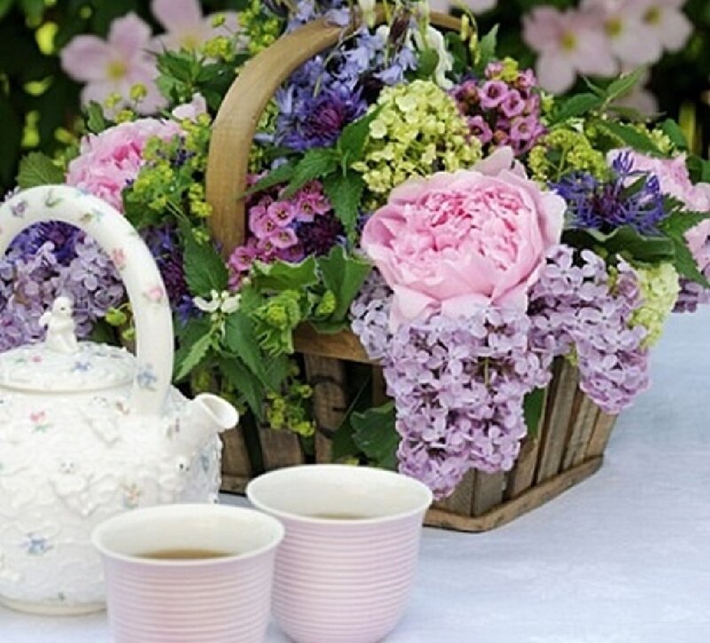 Tea Set with Flowers — Pink, Serene, Spring, Photograph, Teapot