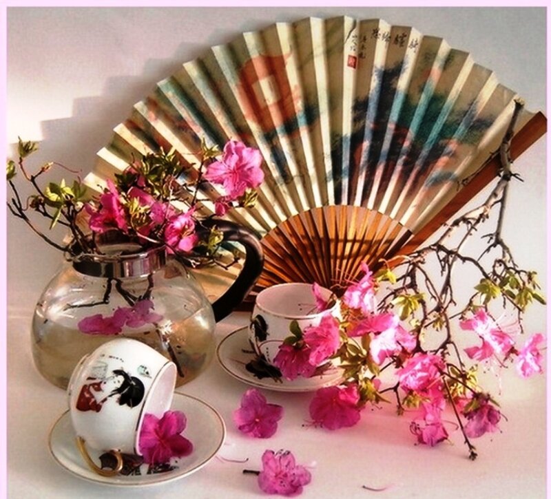 Tea Set with Flowers — Pink, Serene, Spring, Photograph