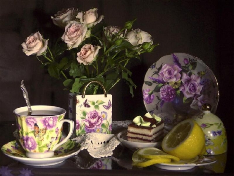 Tea Set with Flowers — Purple, Dramatic, Photograph, Roses