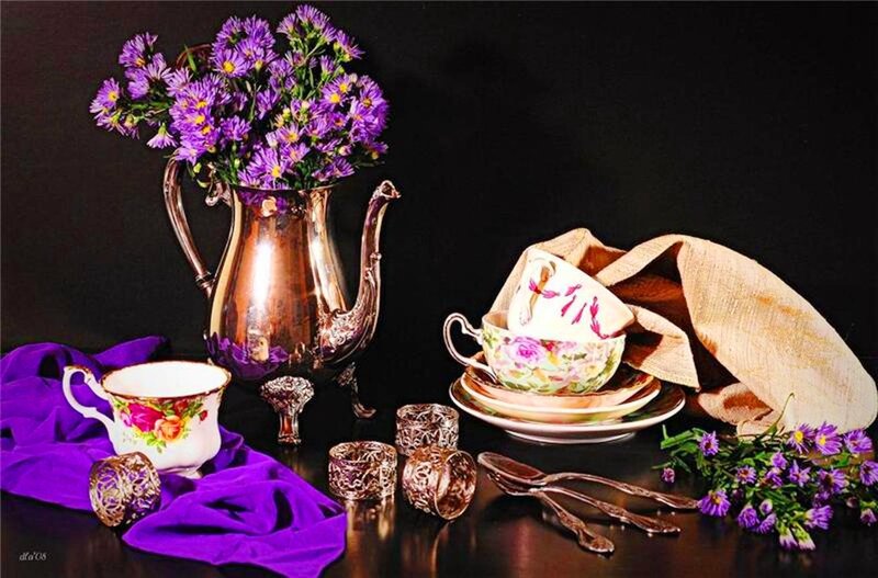 Tea Set with Flowers — Purple, Dramatic, Photograph, Teacups