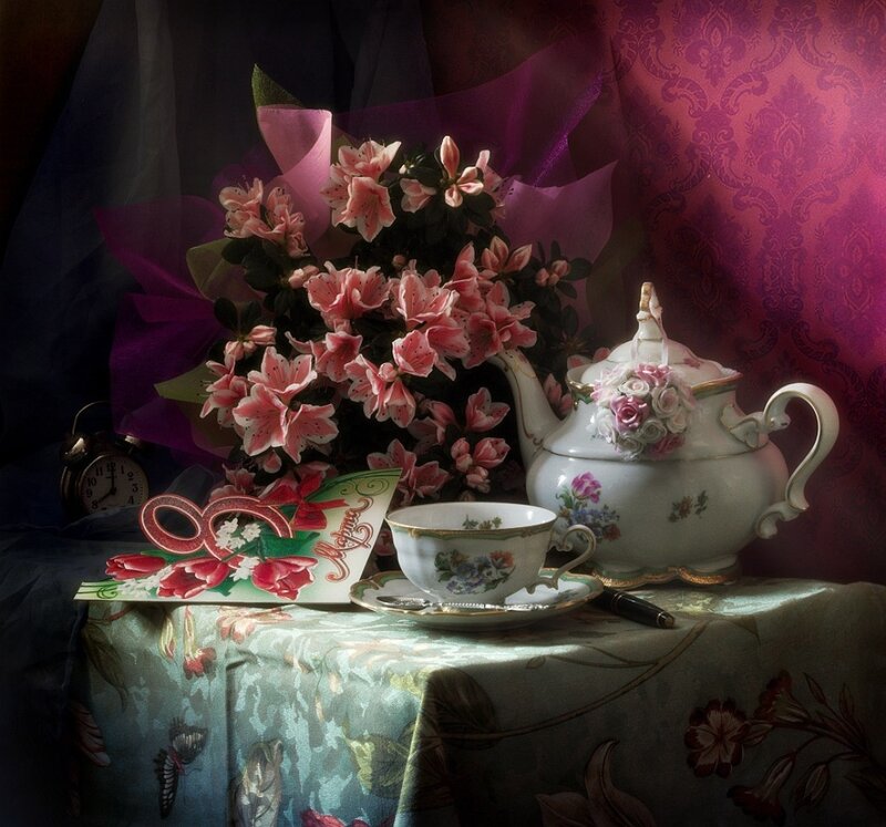 Tea Set with Flowers — Purple, Dramatic, Photograph, Teapot