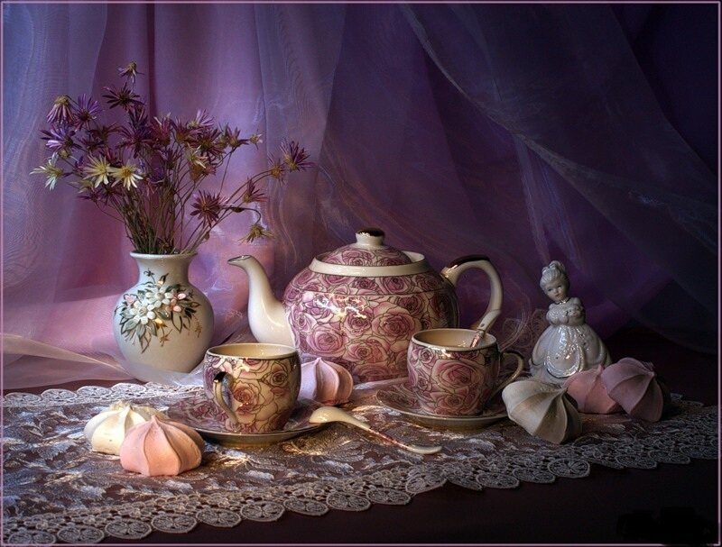 Tea Set with Flowers — Purple, Dramatic, Photograph