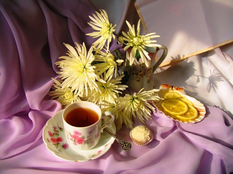 Tea Set with Flowers — Purple, Serene, Afternoon