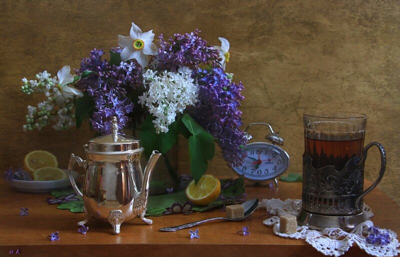 Tea Set with Flowers — Purple, Serene, Morning, Photograph