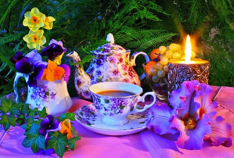 Tea Set with Flowers — Purple, Serene, Night