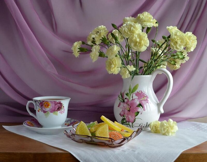 Tea Set with Flowers — Purple, Serene, Photograph, Cup