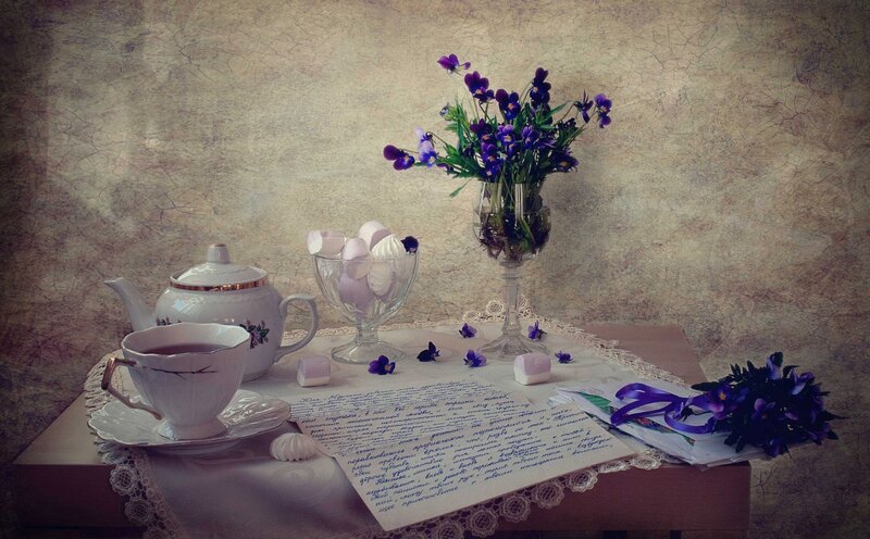 Tea Set with Flowers — Purple, Serene, Photograph, Teapot, Letters
