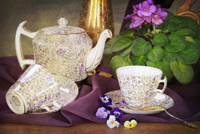 Tea Set with Flowers — Purple, Serene, Photograph