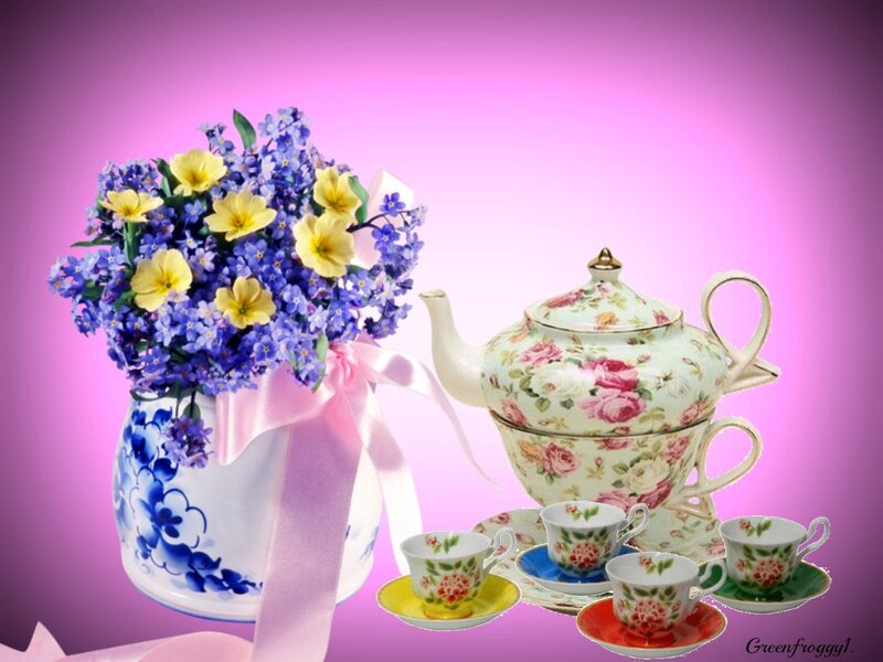 Tea Set with Flowers — Purple, Serene, Photograph, Vase, Teapot