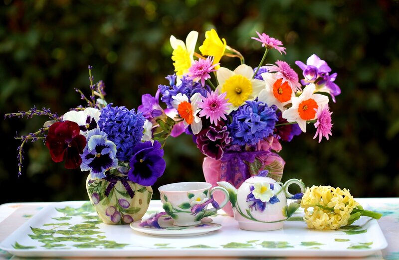 Tea Set with Flowers — Purple, Serene, Spring, Photograph