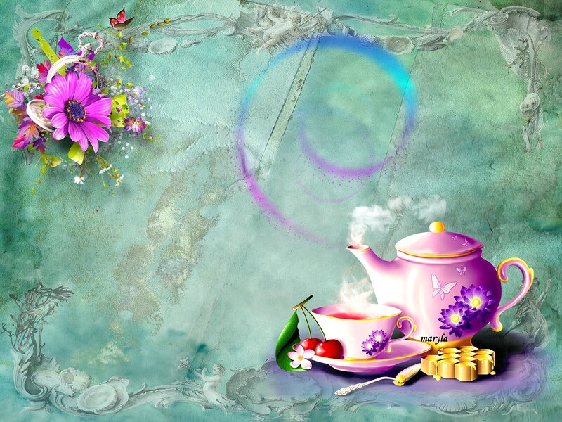 Tea Set with Flowers — Purple, Whimsical