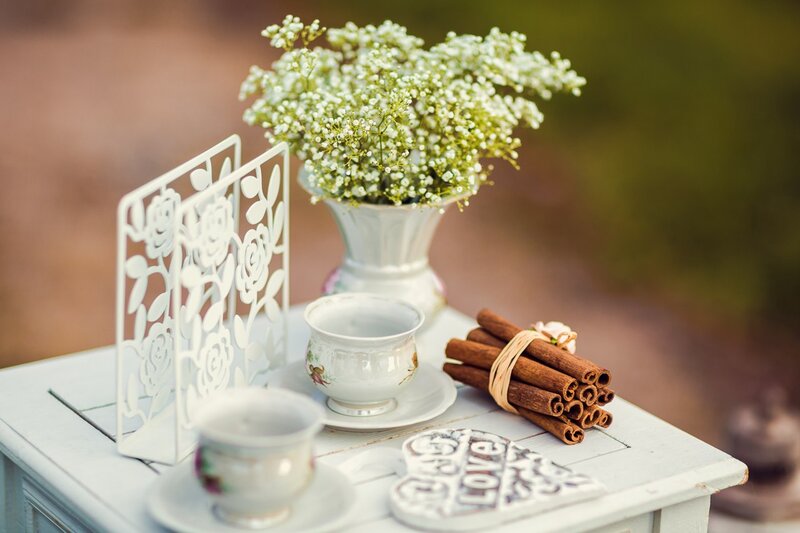 Tea Set with Flowers — White, Serene, Afternoon, Photograph, Cinnamon Sticks