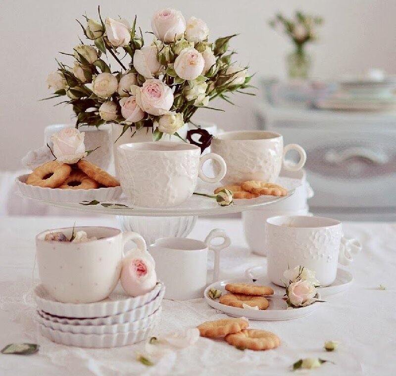 Tea Set with Flowers — White, Serene, Afternoon, Photograph, Cookies