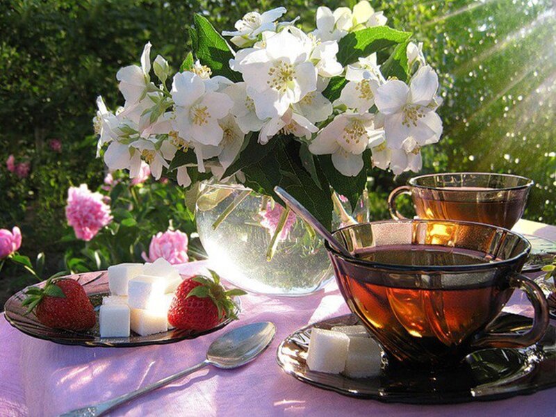 Tea Set with Flowers — White, Serene, Afternoon, Photograph, Strawberries